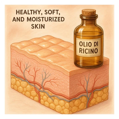 realistic medical illustration of healthy, soft, and moisturized skin thanks to the use of castor oil, with a bottle of castor oil visible labeled in Italian, educational and positive tone sticker