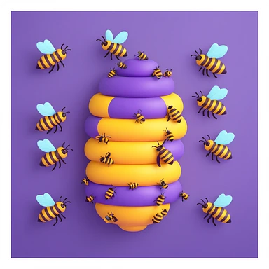a purple beehive, surrounded by five purple honeybees, playful and vibrant, no text sticker