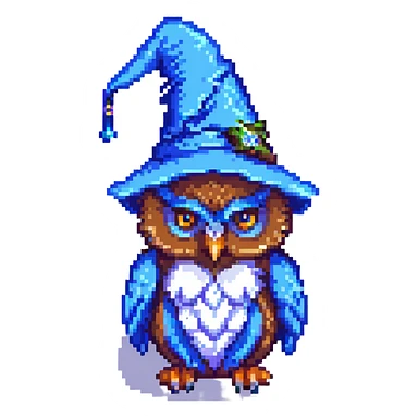 pixel art owl with a blue wizard hat sticker