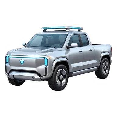 A futuristic electric pickup truck emoji, silver chrome body, angular cyber design, smooth metallic panels, subtle reflections, minimalistic proportions, iOS emoji style, centered composition, clean white background, soft lighting sticker