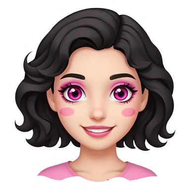 smiling girl with black wavy hair swept to the left, pink eye makeup smudged, no pink on cheeks sticker