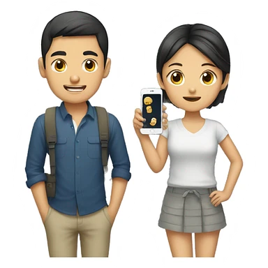 asian boy and girl using phone sticker