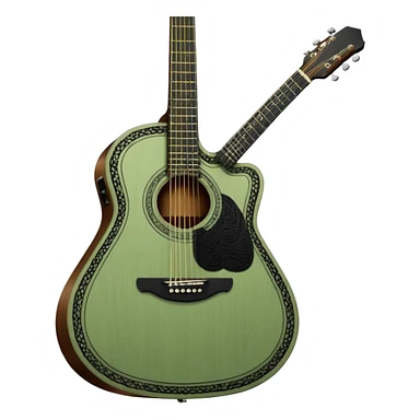 sage green acoustic guitar with black lacy-details sticker