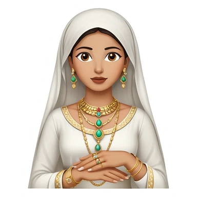 The Palestinian woman, wears a white traditional dress. Her accessories steal the spotlight—intricately designed gold bangles, statement rings, and layered necklaces—each piece exuding heritage and craftsmanship.  sticker
