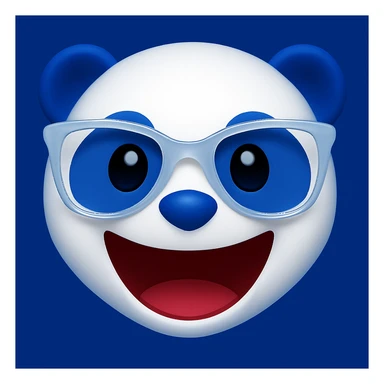 Add a solid blue background with color #002FA7 behind the panda, keeping the subtle blue glow. Maintain the playful 3D emoji look with white and #002FA7 blue coloring. The panda should have translucent white designer glasses and a big open-mouthed smile. The style should resemble a playful 3D emoji. sticker