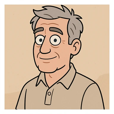 cartoon portrait of a middle-aged man with gray hair and blue eyes, wearing a collared shirt sticker