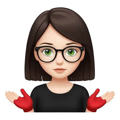 a cute white brunette girl with green eyes in a black dress wearing glasses  with two hands  sticker