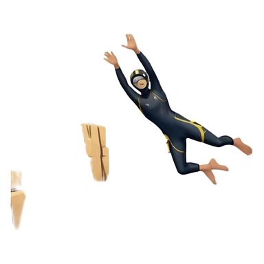 A diver mid-air, plunging from a high cliff into the sparkling ocean below. The background features rugged cliffs, clear blue water, and a bright sky, emphasizing the excitement and danger of the sport with a sense of freedom and adventure. sticker