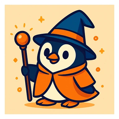 cute cartoon style penguin dressed as a wizard, wearing a pointed hat and holding a magic staff sticker