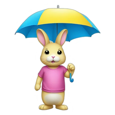 Pink rabbit wearing yellow tee shirt holding blue umbrella sticker