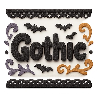 Add gothic motifs such as black lace, tiny bats, and ornate flourishes around the sparkling black text, keep the 3D paper-craft effect, kawaii style, no outline, transparent background. sticker