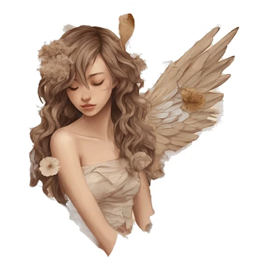 Library book bookworm academia aesthetic beige angel broken angel fallen angel tattoos with broken wing damaged wing torn wing, made of newspaper cuttings and dried flowers brown flowers sticker