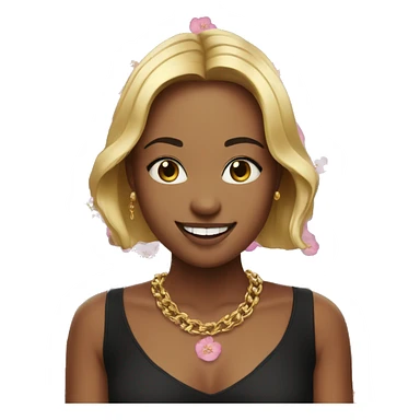 smiling with teeth, wearing a black blouse with a pattern of small pink flowers, a gold chain with a round pendant around her neck. sticker