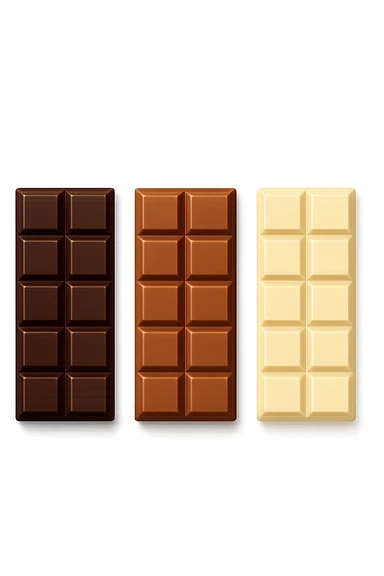 3 emoji stile iphone di BARRETTE DI CIOCCOLATO, UNA FONDENTE, UNA AL LATTE E UNA BIANCA, CON OMBRA REALISTICA, VISTE DALL'ALTO, IPERREALISTICO 4K sticker