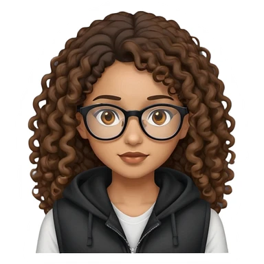 Mixed girl /curly long hair brown / with brown eyes glasses black hood vest  sticker