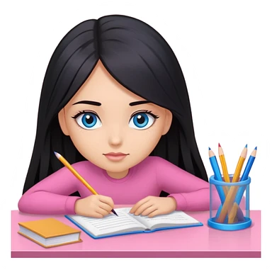 Girl with long black hair, blue sharp eyes, eyelashes, studying on a pink desk sticker