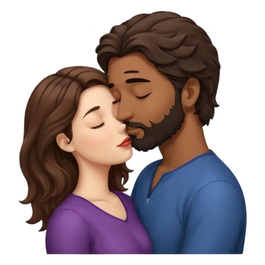White woman (brown hair with eyes closed) kissing the top of the head (forehead) of brown man with black wavy hair (has a a beard with his eyes closed too). Woman has her lips to the forehead of the man, kissing him. sticker