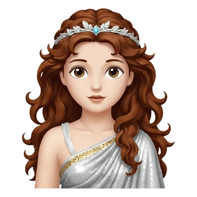 Diana, Goddess of Moon from Roman Deities with long dark auburn wavy hair, silver sequin toga sticker