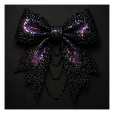 gothic lolita bow, ornate lace, holographic pink and black, delicate chains, Victorian influence, holographic effect sticker