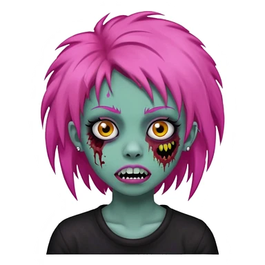 girl, zombie, pink coily hair, medium long, emo, shaggy, dark, spooky, piercing on eyebrow, colourful teeth, creepy blank expression sticker