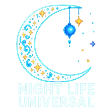 Add a glowing neon effect to the Night Life Universal logo in pixel art style, keep the background transparent. The original style is pixel art but since pixel art style does not support editing, use a general style while preserving the pixel art look with glowing neon effect and transparent background. sticker
