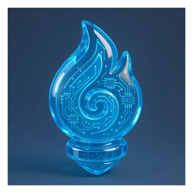 a stylized blue spiral flame, glowing, with glossy circuit board elements sticker