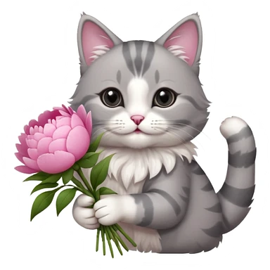 Cute cat Handing pink peonies like reaching a hand and handing them out a bouquet of them not a physical hand the cats hand  make the cat fluffy and grey and white fluffier sticker