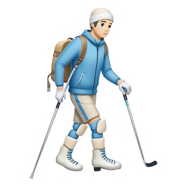 una hombre con el pie lesionado que está vendado en  muletas con unos patines de hielo en la mano y cara de lesión 
 sticker