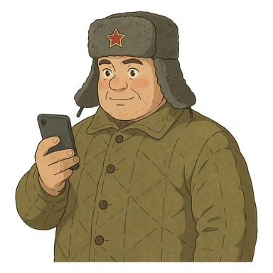 ghibli style illustration of a Russian military blogger in ushanka and vatnik, holding a phone sticker