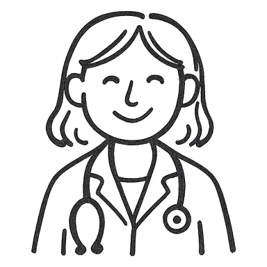female doctor, hand-drawn doodle style, white coat, stethoscope, cheerful sticker