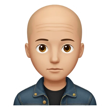  a young man with bald head, black jeans jacket, plain forehead sticker