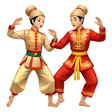 Cinematic Realistic scene of two performers executing a traditional Vietnamese folk dance, adorned in intricately patterned traditional costumes, captured in fluid motion with soft, culturally rich lighting sticker