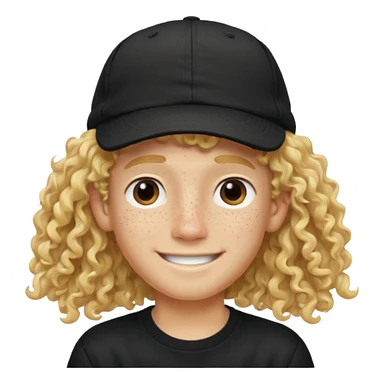 blonde boy with long curly hair past his hears and a LA hat, smiling, wearing a black shirt with freckles sticker