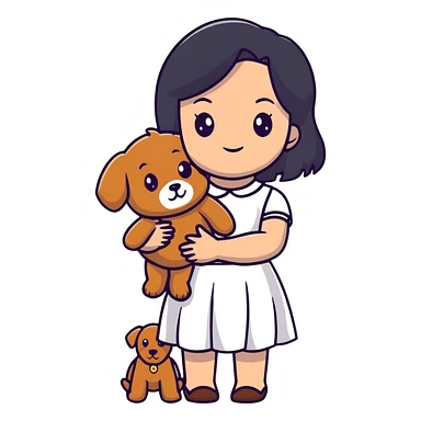 beautiful girl with long straight black hair wearing a white skirt holding a small brown curly teddy dog sticker