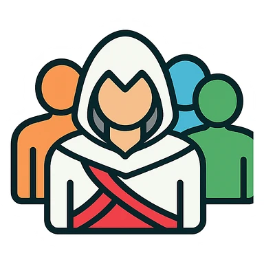 assassin's creed character blending into a crowd, minimalist, rounded, soft lines, simple shapes, Airbnb icon style sticker