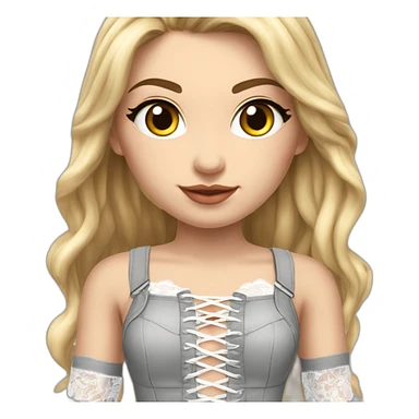 hyperrealistic caucasian blonde female, long straight hair, white lace-up crop bustier, grey tight mini skirt, full view sticker