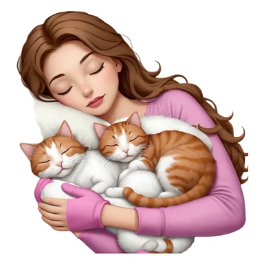 girl with long wavy brown hair, brown eyes, long lashes makeup, sexy pink lips, light to medium complexion,  sleeping on a cozy pillow, with 6 cats: 1 brown and white tabby cat, 1 ginger and white, 2 grey and white, 1 grey with white mittens and small white patch on chest and 1 calico, sleeping sticker