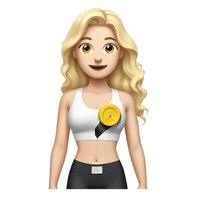 Woman, white skin, pale skin, long hair, blonde hair, wavy hair, standing, sports bra, leggings, tape measure wrapped around waste sticker