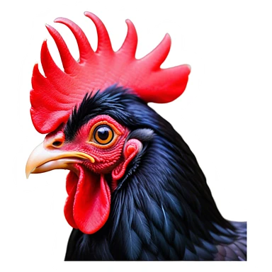 Cinematic Comical Black Rooster Portrait Emoji, Head tilted dramatically with an exaggeratedly shocked or amused expression, featuring a striking pure black plumage with a bold red comb, wide, expressive eyes filled with playful disbelief, Simplified yet hilariously expressive features, highly detailed, glowing with a slightly sassy glow, high shine, dramatic yet playful, stylized with an air of cheeky mischief, bright and endearing, soft glowing outline, capturing the essence of a spirited and over-the-top rooster, so meme-worthy it feels like it could crow its way into internet fame instantly! sticker