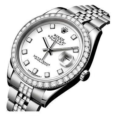 Crie um emoji com essas especificações: Um Rolex Datejust "Iced Out" prateado, totalmente coberto por diamantes na caixa, luneta e pulseira Jubilee. O mostrador possui fundo cravejado com diamantes (pavé), algarismos romanos pretos e lente de aumento na data. sticker