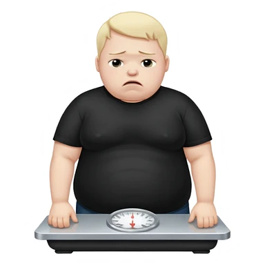 sad fat young boy in black t shirt crying on weight scale  sticker