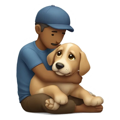 Puppy tightly hugs sitting man emotionly sticker