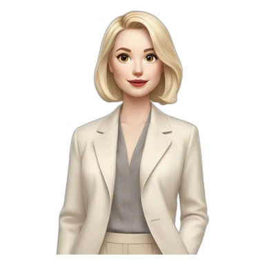 pale skin woman with ash blonde Straightened bob Hair, White Spacious classical jacket, beige palazzo Arrow pants and gray blouse holding a color palettes in the hands sticker
