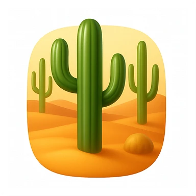 Create a desert emoji inspired by the reference image in iOS emoji style. Keep the same cacti, sand, and colors with a smooth and shiny appearance. The shape should have rounded or freeform edges, not confined to a square. sticker
