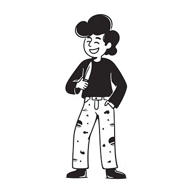 hand-drawn sketch of a savage person in 1988 outfit with mullet hair, acid wash jeans, holding knife, laughing crazily sticker