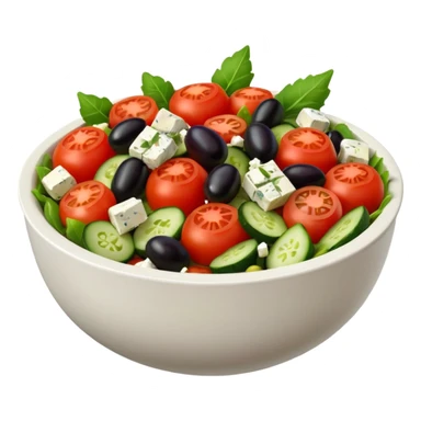 mediterranean salad bowl object icon, tomatoes, cucumbers, olives, feta cheese, olive oil dressing, 3D cartoon, mobile game icon style, clean background, no text, no watermark
 sticker