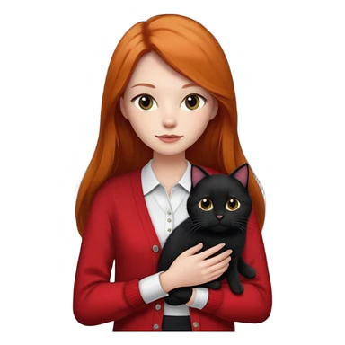 Ginger long straight hair with a red cardigan holding a  1 black cat with a white shirt under the red cardigan sticker