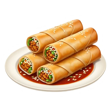 three spring rolls in sauce sticker