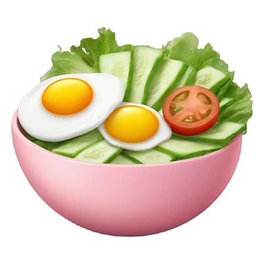 cucumber, tomato and lettuce chopped up in a pink bowl, topped with a fried egg sticker