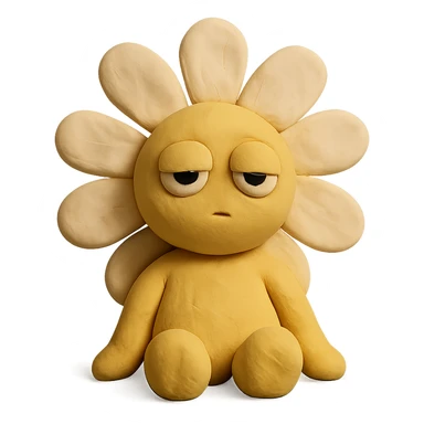 creamy white daisy flower with sleepy half-lidded eyes, sitting down with a blank stare, extremely soft round pastel character, claymation style sticker